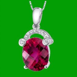 Red Ruby Oval Checkerboard Diamond Accent 14K White Gold Pendant