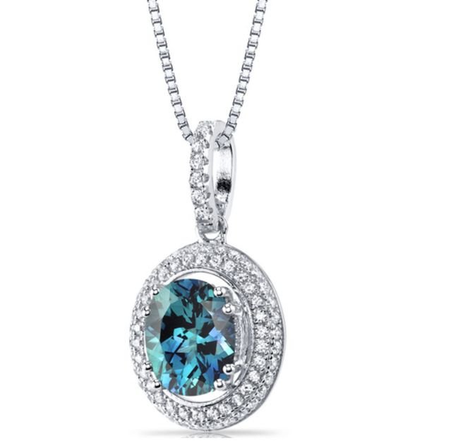 Image 1 of Alexandrite Oval Cut Halo Cubic Zirconia Accent Sterling Silver Pendant