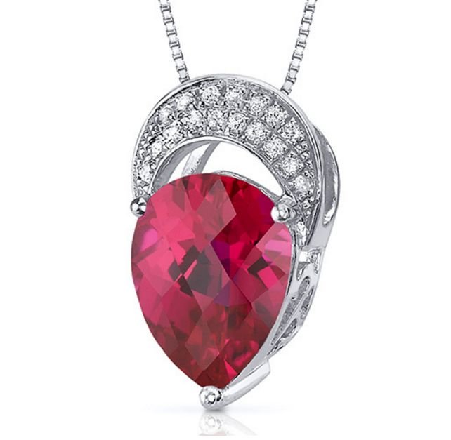 Image 1 of Red Ruby Pear Cut Cubic Zirconia Crown Sterling Silver Pendant