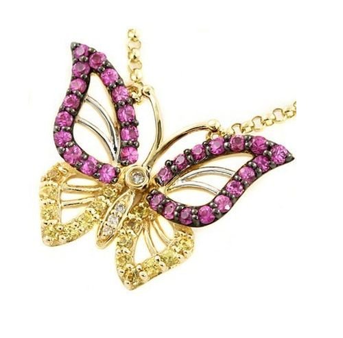 Image 1 of Butterfly Pink Yellow Sapphire Diamond Accent 14K Yellow Gold Necklace