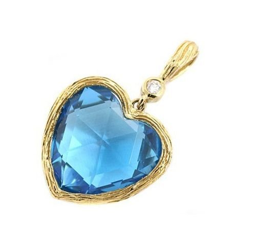 Image 1 of Blue Topaz Heart Checkerboard Cut Diamond Accent 14K Yellow Gold Pendant