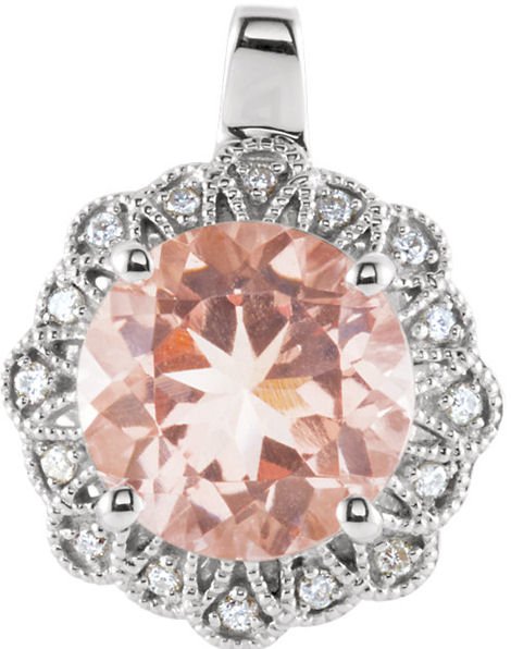 Image 1 of Morganite Round Cut Floral Diamond Accent 14K White Gold Pendant