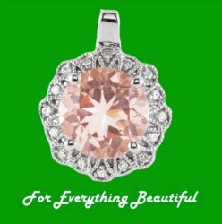 Morganite Round Cut Floral Diamond Accent 14K White Gold Pendant