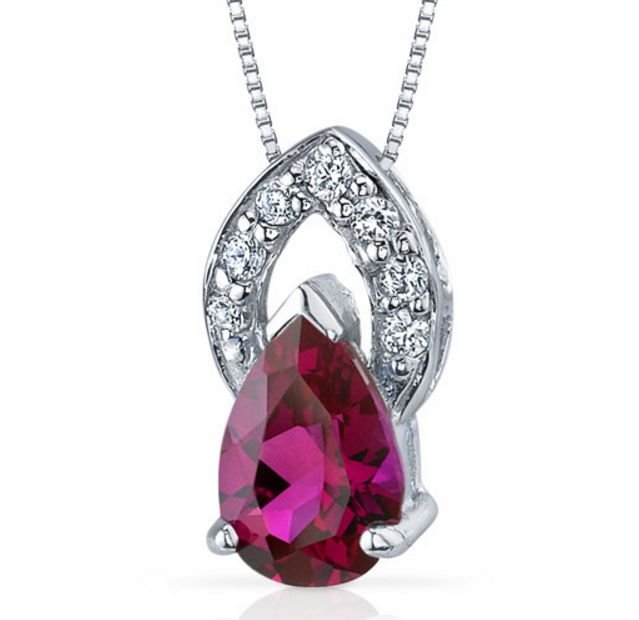 Image 1 of Red Ruby Pear Cut Cubic Zirconia Halo Sterling Silver Pendant
