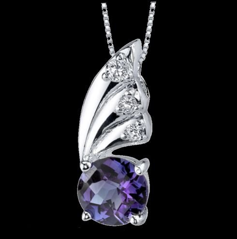 Image 0 of Alexandrite Round Cut Cubic Zirconia Winged Detail Sterling Silver Pendant