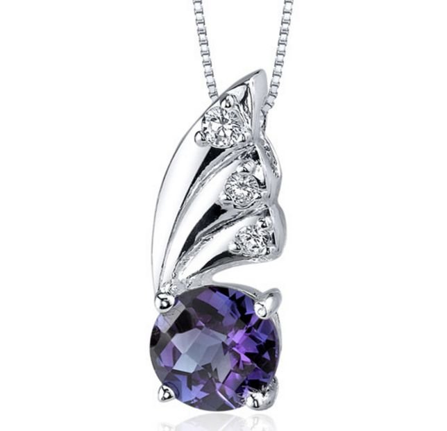 Image 1 of Alexandrite Round Cut Cubic Zirconia Winged Detail Sterling Silver Pendant