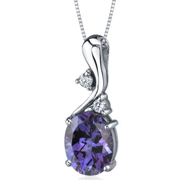 Image 1 of Alexandrite Oval Cut Cubic Zirconia Curved Modern Detail Sterling Silver Pendant