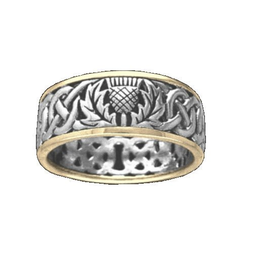 Image 1 of Celtic Wild Thistle Emblem Interlace Mens 14K Two Tone White Gold Ring Band