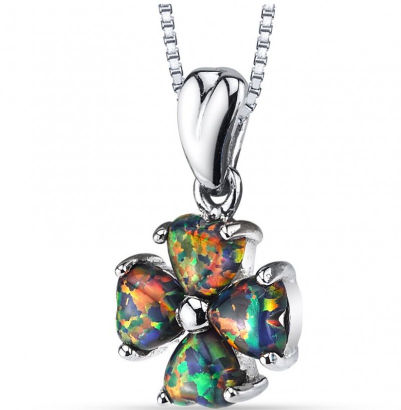 Image 1 of Black Opal Heart Cut Lucky Clover Sterling Silver Pendant