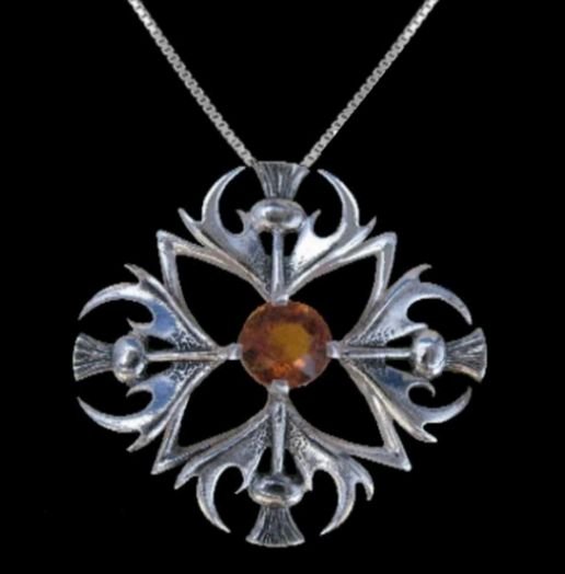 Image 0 of Thistle Four Headed Cairngorm Antiqued Medium Sterling Silver Pendant