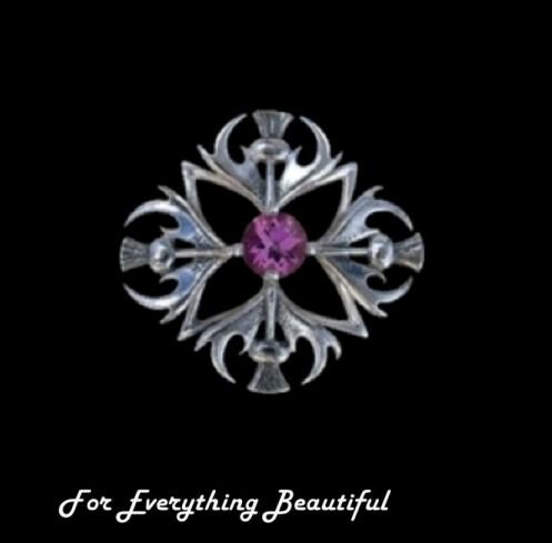 Image 0 of Thistle Four Headed Amethyst Antiqued Medium Sterling Silver Brooch