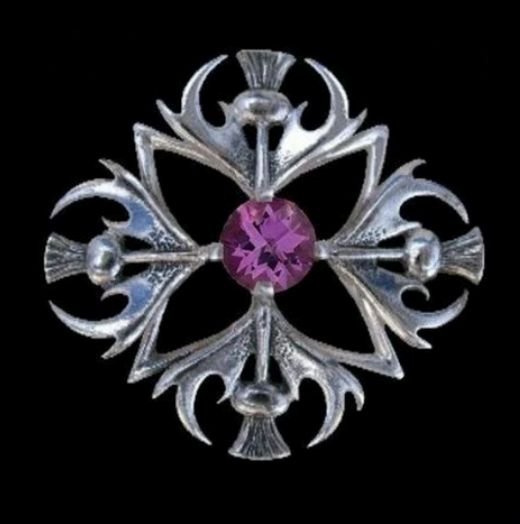 Image 0 of Thistle Four Headed Amethyst Antiqued Medium Sterling Silver Brooch