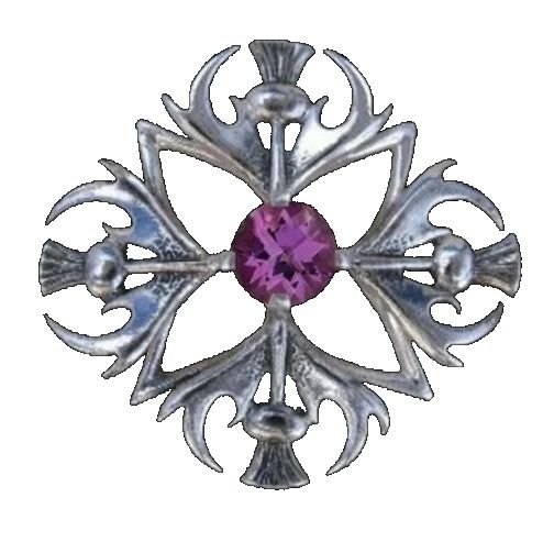 Image 1 of Thistle Four Headed Amethyst Antiqued Medium Sterling Silver Brooch