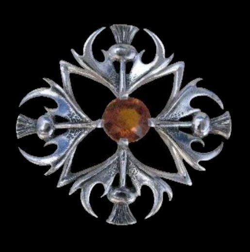 Image 0 of Thistle Four Headed Cairngorm Antiqued Medium Sterling Silver Brooch