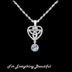 Blue Topaz Drop Heart Celtic Trinity Knot Sterling Silver Pendant