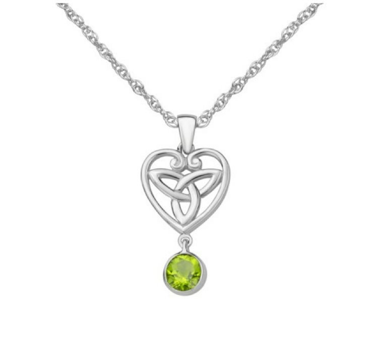 Image 1 of Green Peridot Drop Heart Celtic Trinity Knot Sterling Silver Pendant