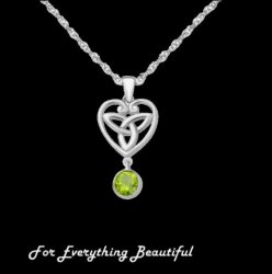 Green Peridot Drop Heart Celtic Trinity Knot Sterling Silver Pendant