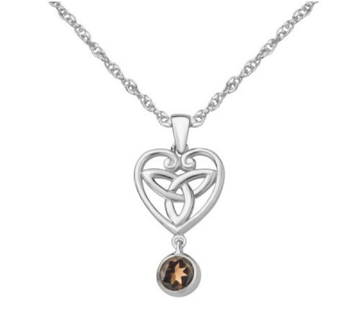 Image 1 of Smokey Quartz Drop Heart Celtic Trinity Knot Sterling Silver Pendant