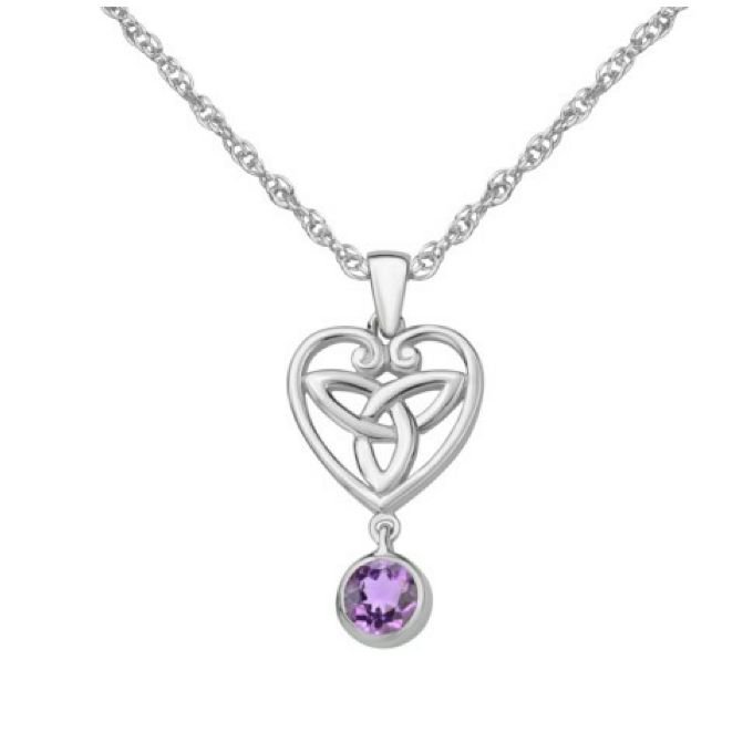 Image 1 of Purple Amethyst Drop Heart Celtic Trinity Knot Sterling Silver Pendant