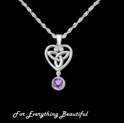 Purple Amethyst Drop Heart Celtic Trinity Knot Sterling Silver Pendant