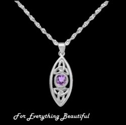 Purple Amethyst Elongated Celtic Trinity Knots Sterling Silver Pendant