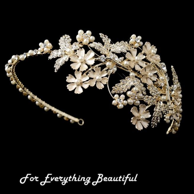 Image 0 of Champagne Rhinestone Ivory Pearl Floral Side Wedding Bridal Headband