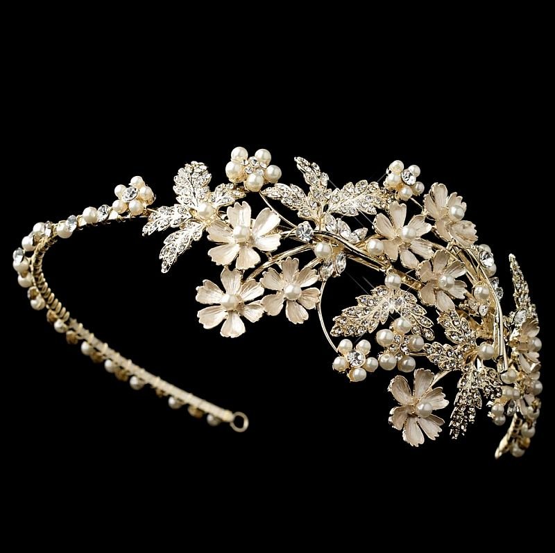 Image 1 of Champagne Rhinestone Ivory Pearl Floral Side Wedding Bridal Headband
