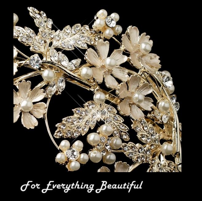 Image 2 of Champagne Rhinestone Ivory Pearl Floral Side Wedding Bridal Headband