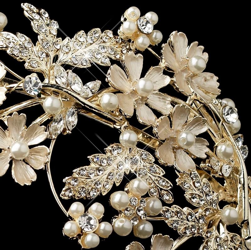 Image 3 of Champagne Rhinestone Ivory Pearl Floral Side Wedding Bridal Headband