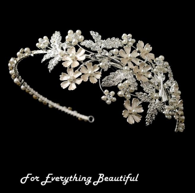 Image 0 of Silver Rhinestone Ivory Pearl Floral Side Wedding Bridal Headband