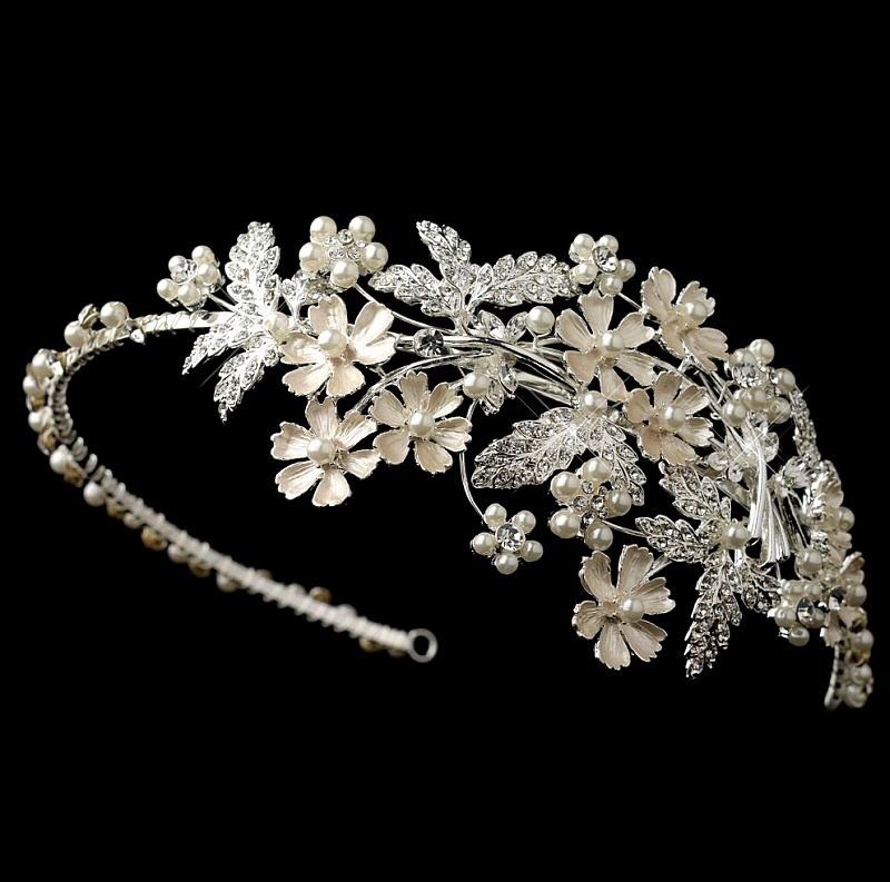 Image 1 of Silver Rhinestone Ivory Pearl Floral Side Wedding Bridal Headband