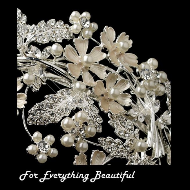 Image 2 of Silver Rhinestone Ivory Pearl Floral Side Wedding Bridal Headband