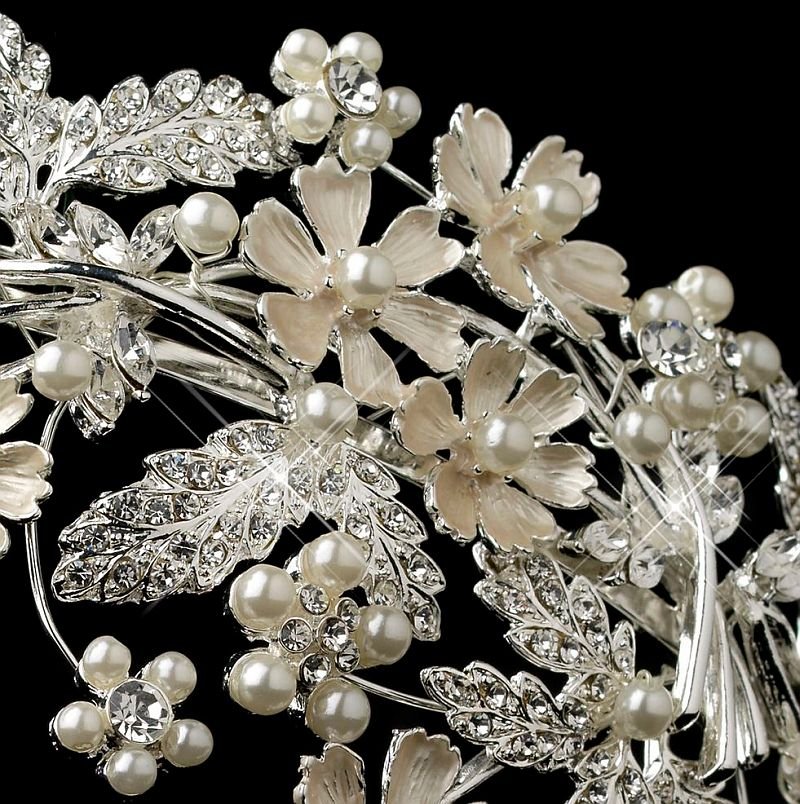 Image 3 of Silver Rhinestone Ivory Pearl Floral Side Wedding Bridal Headband