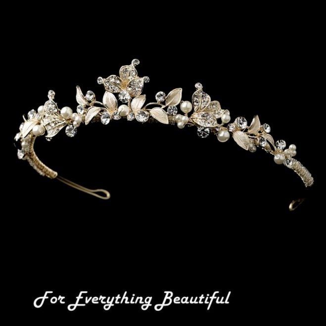 Image 0 of Light Gold Rhinestone Ivory Pearl Leaf Vine Wedding Bridal Headband