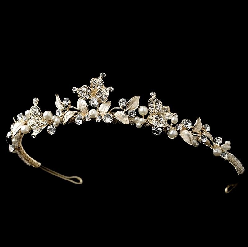 Image 1 of Light Gold Rhinestone Ivory Pearl Leaf Vine Wedding Bridal Headband