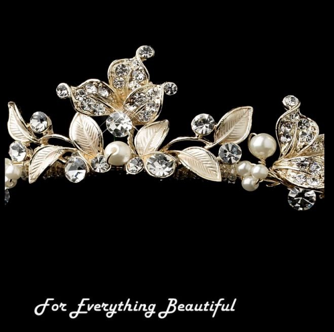 Image 2 of Light Gold Rhinestone Ivory Pearl Leaf Vine Wedding Bridal Headband