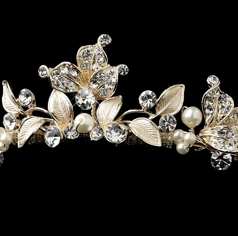 Image 3 of Light Gold Rhinestone Ivory Pearl Leaf Vine Wedding Bridal Headband