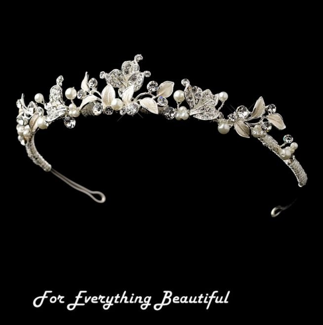 Image 0 of Silver Rhinestone Ivory Pearl Leaf Vine Wedding Bridal Headband