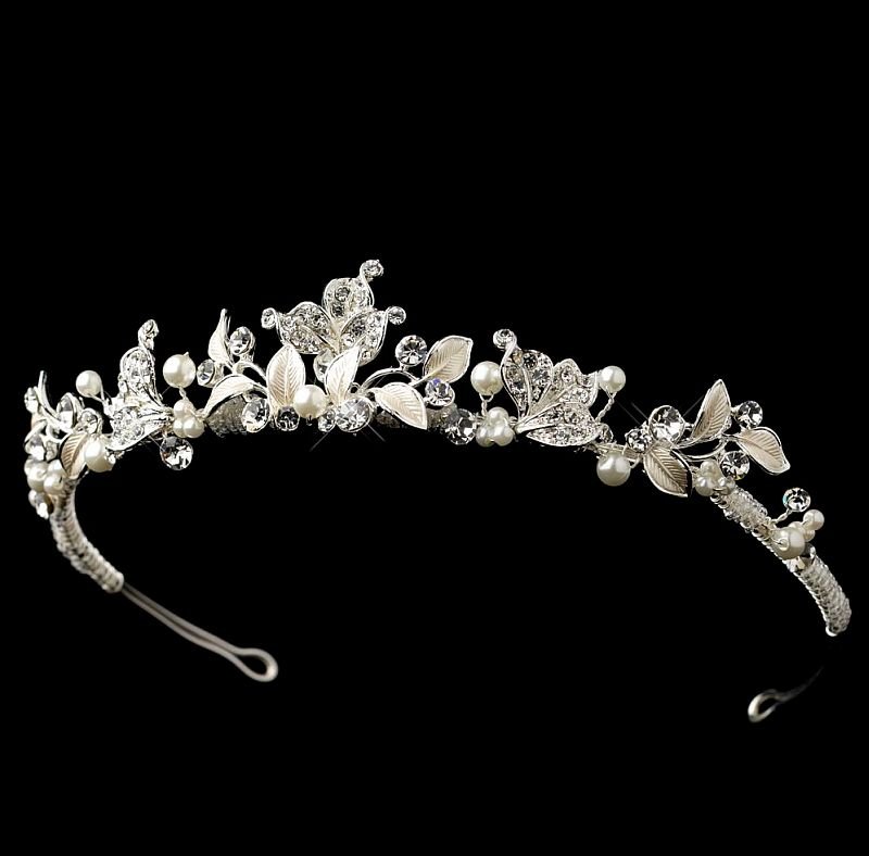 Image 1 of Silver Rhinestone Ivory Pearl Leaf Vine Wedding Bridal Headband