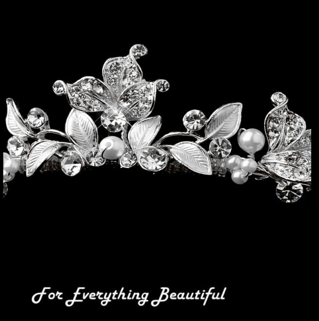 Image 2 of Silver Rhinestone Ivory Pearl Leaf Vine Wedding Bridal Headband