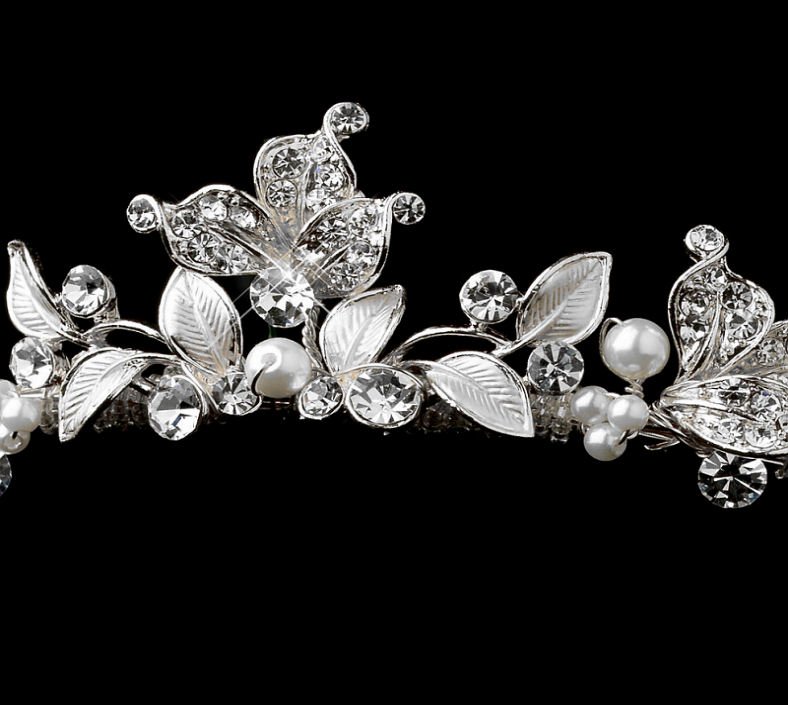 Image 3 of Silver Rhinestone Ivory Pearl Leaf Vine Wedding Bridal Headband