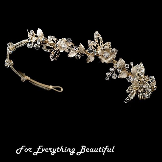 Image 0 of Light Gold Rhinestone Crystal Floral Offset Wedding Bridal Headband