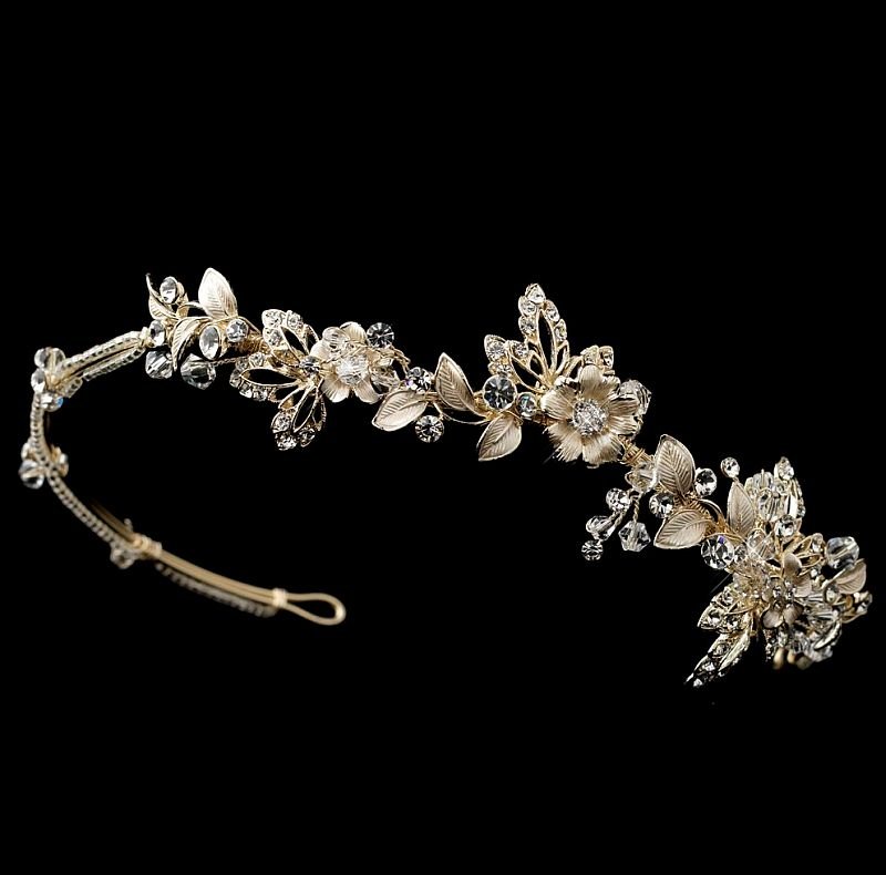 Image 1 of Light Gold Rhinestone Crystal Floral Offset Wedding Bridal Headband