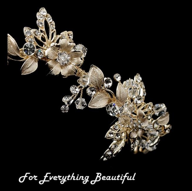 Image 2 of Light Gold Rhinestone Crystal Floral Offset Wedding Bridal Headband