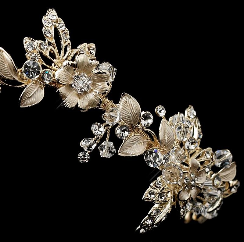 Image 3 of Light Gold Rhinestone Crystal Floral Offset Wedding Bridal Headband