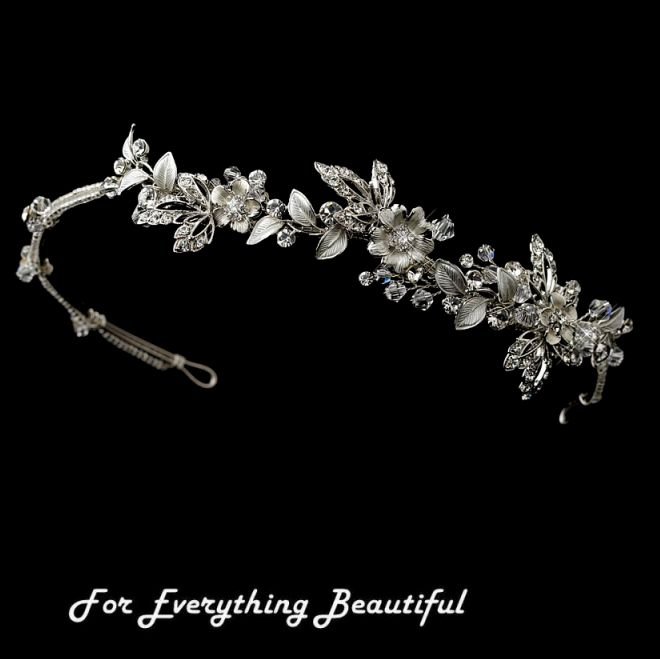 Image 0 of Silver Rhinestone Crystal Floral Offset Wedding Bridal Headband
