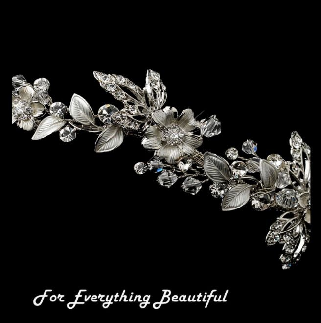 Image 2 of Silver Rhinestone Crystal Floral Offset Wedding Bridal Headband