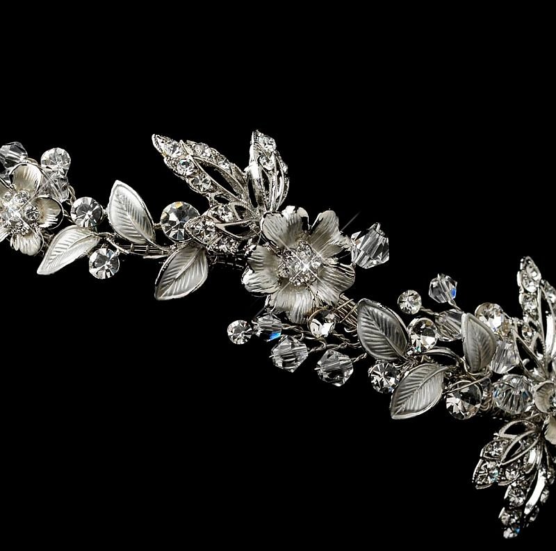 Image 3 of Silver Rhinestone Crystal Floral Offset Wedding Bridal Headband