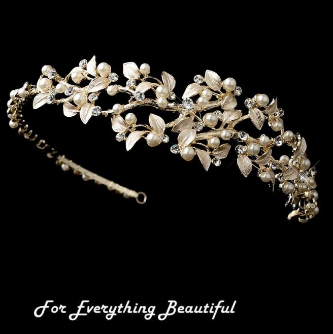 Image 0 of Champagne Rhinestone Ivory Floral Side Wedding Bridal Headband