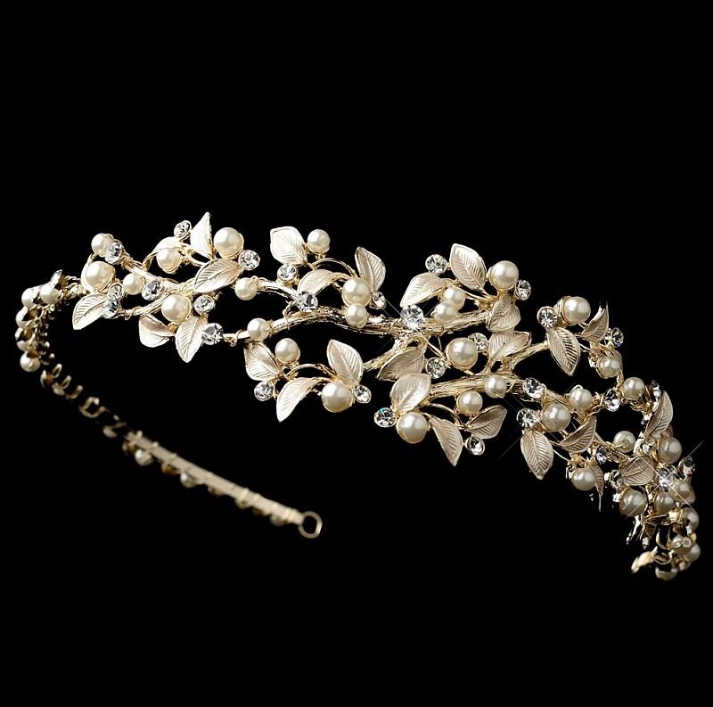 Image 1 of Champagne Rhinestone Ivory Floral Side Wedding Bridal Headband